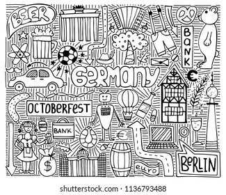 Doodle vector monochrome poster with Germany symbols. Wall art.