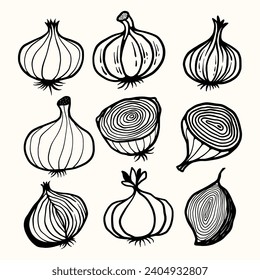 Doodle vector of onion red and garlic in line art style