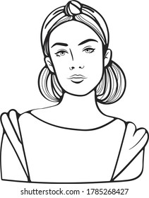 Doodle vector outline black and white portrait modern teenage girl in casual style clothes