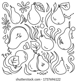 Juego de pera de contorno de vectores de Doodle para creatividad y diseño varius, peras con hojas y diferentes rizos