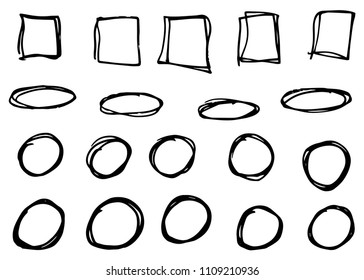 Doodle vector ovals, circles and squares. Hand drawn set, cartoon style
