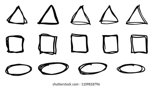 Doodle vector ovals, squares and triangles. Hand drawn set, cartoon style