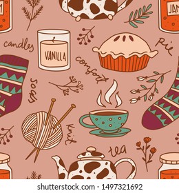 Doodle vector pattern Hygge clip art, cozy autumn winter set, Scandinavian style. Socks, knit, teapot, floral elements, pie, candles