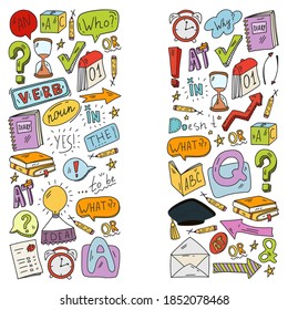 Doodle vector pattern. Illustration of learning English language. E-learning, online education in internet.