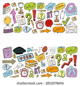 Doodle vector pattern. Illustration of learning English language. E-learning, online education in internet.