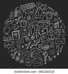 Doodle vector pattern. Illustration of learning English language. E-learning, online education in internet.