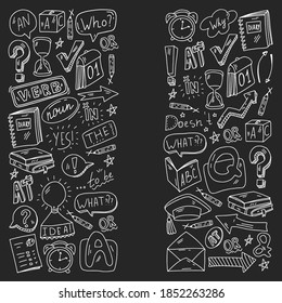 Doodle vector pattern. Illustration of learning English language. E-learning, online education in internet.