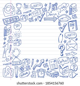 Doodle vector pattern. Illustration of learning English language. E-learning, online education in internet.