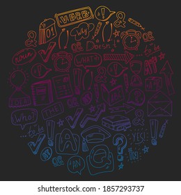 Doodle vector pattern. Illustration of learning English language. E-learning, online education in internet.