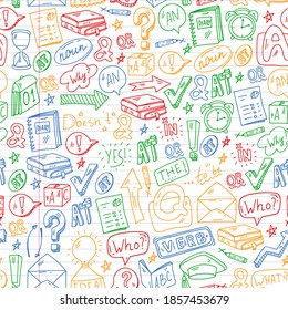 Doodle vector pattern. Illustration of learning English language. E-learning, online education in internet.