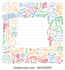 Doodle vector pattern. Illustration of learning English language. E-learning, online education in internet.