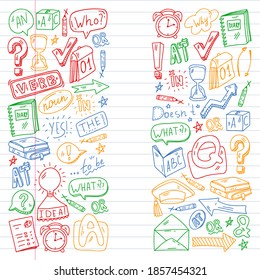 Doodle vector pattern. Illustration of learning English language. E-learning, online education in internet.