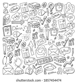 Doodle vector pattern. Illustration of learning English language. E-learning, online education in internet.