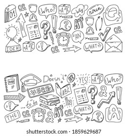 Doodle vector pattern. Illustration of learning English language. E-learning, online education in internet.