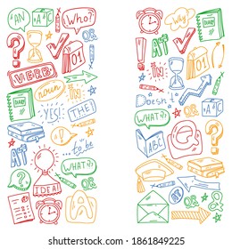 Doodle vector pattern. Illustration of learning English language. E-learning, online education in internet.