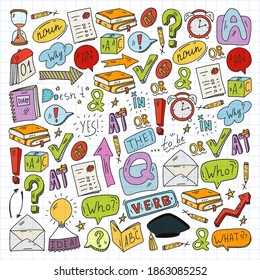 Doodle vector pattern. Illustration of learning English language. E-learning, online education in internet.