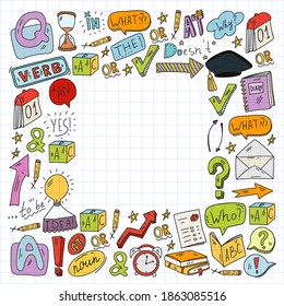 Doodle vector pattern. Illustration of learning English language. E-learning, online education in internet.