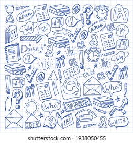 Doodle vector pattern. Illustration of learning English language. E-learning, online education in internet.