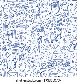 Doodle vector pattern. Illustration of learning English language. E-learning, online education in internet.