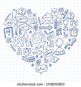 Doodle vector pattern. Illustration of learning English language. E-learning, online education in internet.