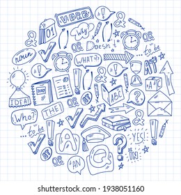 Doodle vector pattern. Illustration of learning English language. E-learning, online education in internet.