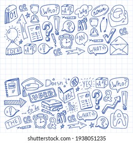 Doodle Vector Pattern. Illustration Of Learning English Language. E-learning, Online Education In Internet.