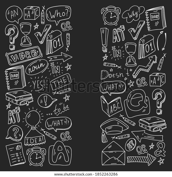 Doodle vector\
pattern. Illustration of learning English language. E-learning,\
online education in\
internet.