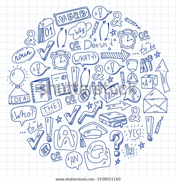 Doodle vector\
pattern. Illustration of learning English language. E-learning,\
online education in\
internet.