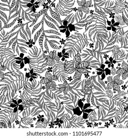 Doodle vector patterns for different surfaces, endless black and white background with palm leaves and hibiscus