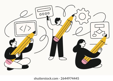 Doodle vector of people coding, designing systems, and working with technology using giant pencils. Ideal for software development, programming, and digital innovation themes.