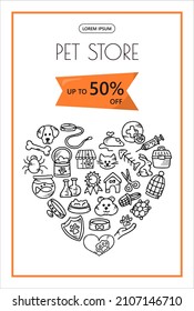 Banner de mascota vector Doodle. Iconos para la tienda de mascotas, guardería. Dibujo a mano ilustración de accesorios para perros y mascotas hueso, comida, correa, entrenamiento, cuidado, crianza de un perro