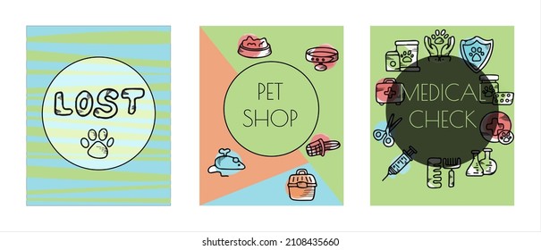 Doodle vector pet banners. Cards for the pet store, nursery. Hand drawn sketch illustration of dog and pet accessories elements bone, food, leash, training, caring, grooming a dog