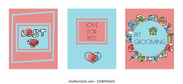 Banderas de mascotas vectoriales de dibujos animados. Tarjetas para la tienda de mascotas, guardería. Dibujo a mano ilustración de accesorios para perros y mascotas hueso, comida, correa, entrenamiento, cuidado, crianza de un perro