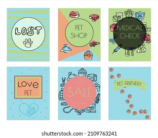 Doodle vector pet banners. Cards for the pet store, nursery. Hand drawn sketch illustration of dog and pet accessories elements bone, food, leash, training, caring, grooming a dog