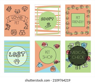 Doodle vector pet banners. Cards for the pet store, nursery. Hand drawn sketch illustration of dog and pet accessories elements bone, food, leash, training, caring, grooming a dog