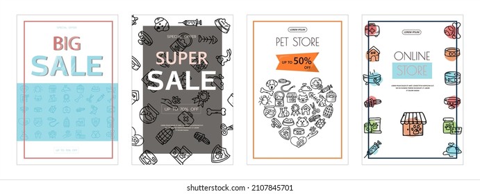 Banderas de mascotas vectoriales de dibujos animados. Iconos para la tienda de mascotas, guardería. Dibujo a mano ilustración de accesorios para perros y mascotas hueso, comida, correa, entrenamiento, cuidado, crianza de un perro
