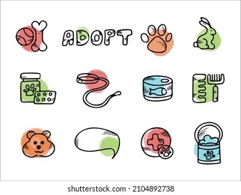 Conjunto de mascotas vectoriales de Doodle. Iconos para el vivero de mascotas. Dibujo a mano ilustración de accesorios para perros y mascotas hueso, comida, correa, entrenamiento, cuidado, crianza de un perro
