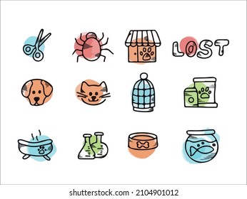 Doodle vector pet set. Icons for the pet nursery. Hand drawn sketch illustration of dog and pet accessories elements bone, food, leash, training, caring, grooming a dog