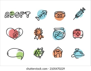 Conjunto de mascotas vectoriales de Doodle. Iconos para el vivero de mascotas. Dibujo a mano ilustración de accesorios para perros y mascotas hueso, comida, correa, entrenamiento, cuidado, crianza de un perro