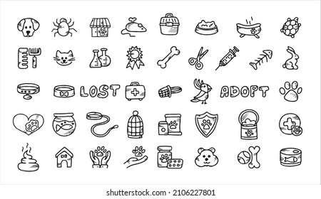 Doodle vector pet set. Icons for the pet nursery. Hand drawn sketch illustration of dog and pet accessories elements bone, food, leash, training, caring, grooming a dog