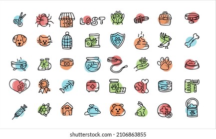 Doodle vector pet set. Icons for the pet nursery. Hand drawn sketch illustration of dog and pet accessories elements bone, food, leash, training, caring, grooming a dog