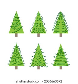 Doodle vector pine trees set. One continuous line drawing art. Simple green Christmas trees, pine trees, fir set.