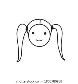 Doodle vector portrait of little girl preschooler with ponytails. Children, avatar, kindergarten, doodle face, growing up, smile. Design element for typography and digital use.