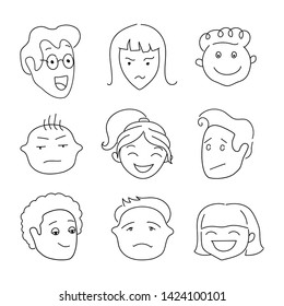 Doodle vector portraits of different people on white background.   