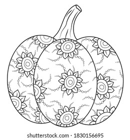 Doodle vector pumpkin with fun flourish ornament. Hand drawn autumn illustration for adult and children antistress drawing. Nice leisure activity. Eps10