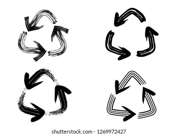 Doodle vector recycle signs, brush strokes, hand drawn arrows