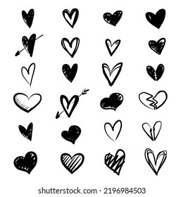 Doodle vector red sketch hearts, hand drawn love heart collection. Broken love, divorce forever alone style scribble art. Valentine's Day set bullet journal.