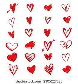 Doodle vector red sketch hearts, hand drawn love heart collection. Broken love, divorce forever alone style scribble art. Valentine's Day set bullet journal.