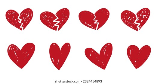 Doodle vector red sketch hearts, hand drawn love heart collection. Broken love, divorce forever alone style scribble art. Valentine's Day set bullet journal.