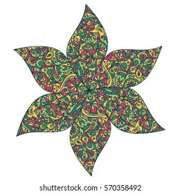Doodle vector rosette. Colorful ornamental flower, composed from six leaves. Isolated on white background. Thin ornament with green main color.